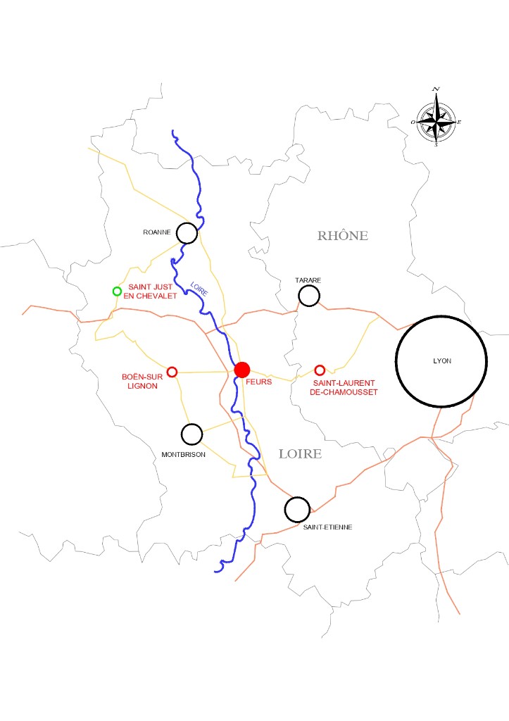 Carte de la zone d'intervention GEOGARANTS — siège à Feurs, cabinets à Boën-sur-Lignon et Saint-Laurent-de-Chamousset, permanence à Saint-Just-en-Chevalet